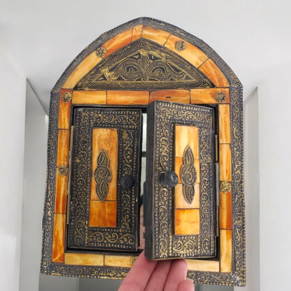 Exotic Handmade Wall Mirror Hidden Behind Closed Doors Camel Bone, Metal - 17